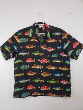 Vintage Y2K Scorpio Johnny Leverock's Mens Shirt Size XL Black Fish Sea Beach